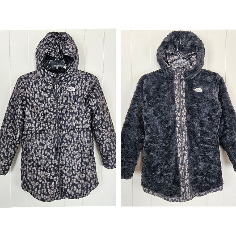 North Face Mossbud Swirl Hooded Parka Coat Gray Leopard Girls XL Reversible
